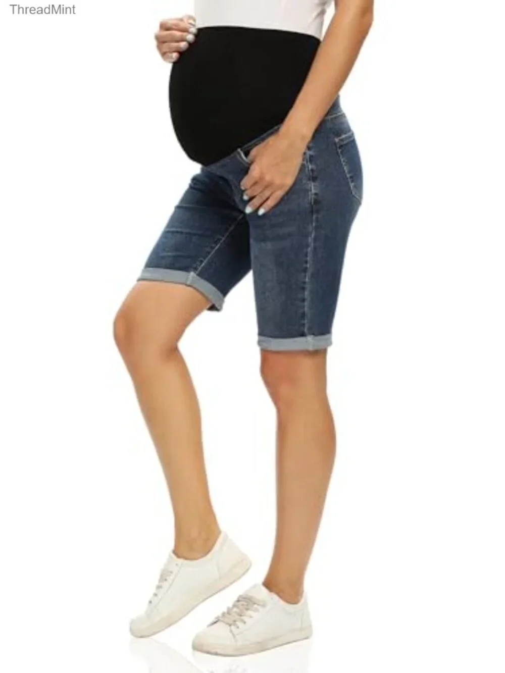 Maternity Bermuda Jean Shorts Over Belly Denim High Stretch 5 Pocket